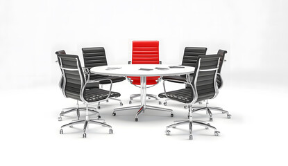 Obraz premium Modern Conference Room with Red Leadership Chair and Black Executive Chairs
