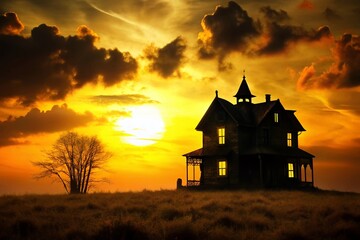 Halloween Haunted House Silhouette Landscape - Spooky Yellow Background Stock Photo