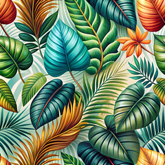 A vibrant tropical leaf pattern in shades of green. blue. and orange.