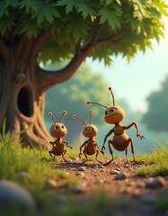 Adorable Group of Cartoon Ants Building a Home Underneath a Fluffy Green Tree