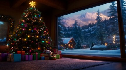 Obraz premium A cozy Christmas scene featuring a decorated tree and a snowy landscape outside the window