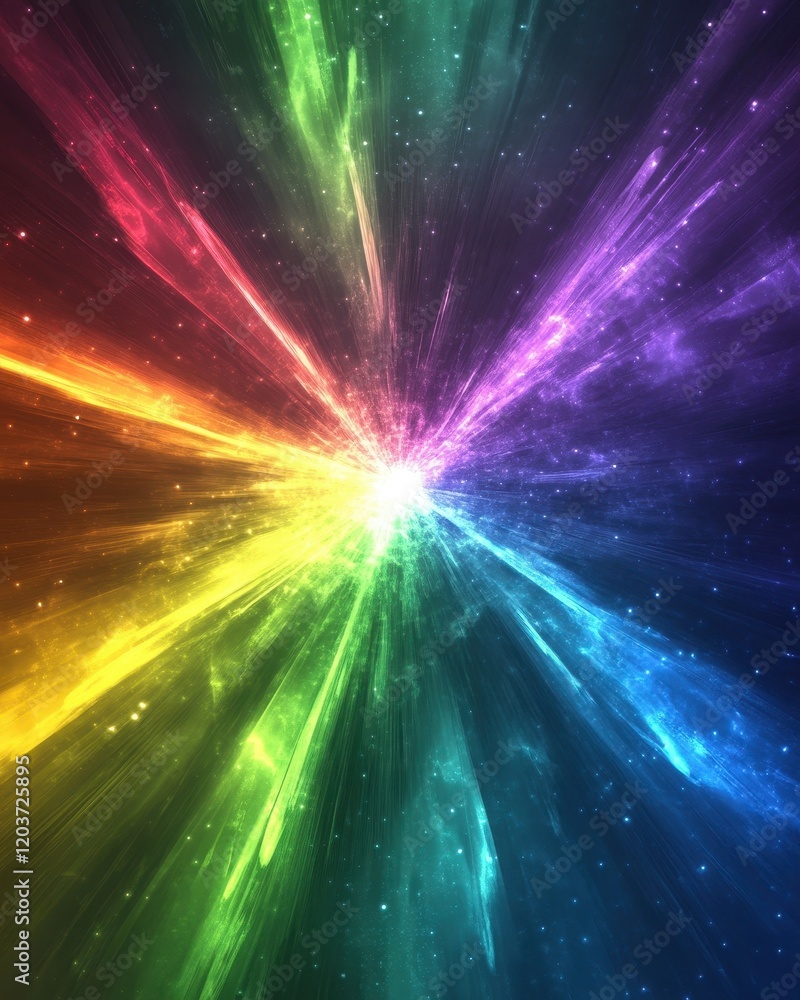 Poster rainbow spectrum bursting from a central point with starfield effect.