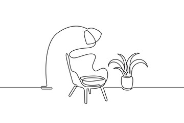 Living Room Interior Continuous One Line Drawing. Line Art Home. Hand Drawn Vector Art, Continuous One Line Drawing. Outline Drawing of Room Interior Minimalist Design Isolated on White Background. © Наталья Дьячкова