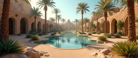 Fototapeta premium A desert oasis around a secluded pond surrounded by palm trees