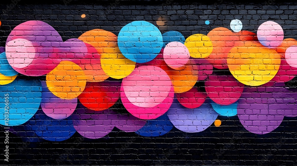 Poster vibrant circle mural: a captivating street art mural features an array of colorful circles in variou