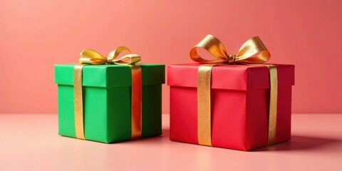 Obraz premium Two festively wrapped presents, one red and one green, adorned with elegant gold ribbons, sit side-by-side on a soft pink surface, ready for gifting.