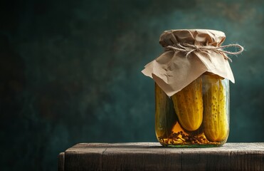 A Glass Jar of Pickles Wrapped with Craft Paper on Table