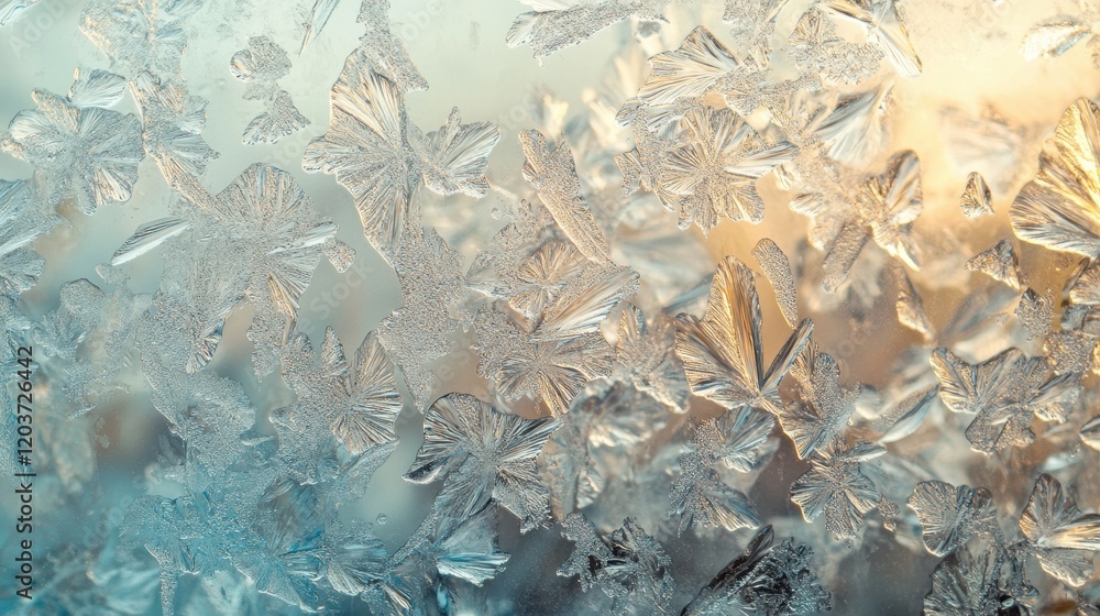 Poster frost crystal patterns on glass window detailed macro view of ice formations with warm golden light.