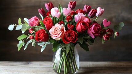 A Valentine's Day bouquet of mixed flowers, featuring red and pink roses, tulips, and heart-shaped leaves in a clear vase