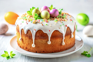 A cake for Easter, covered in white icing and decorated with multicolored sprinkles, as well as Easter eggs.