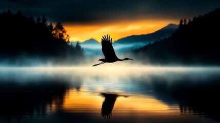 Crane in flight over misty lake at sunrise, mountain backdrop, nature scene