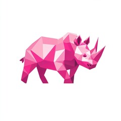 Pink rhino in geometric polygonal low poly style on white background for use as icon or art