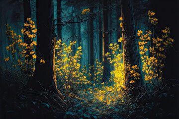 Dark Forest with Yellow Flowers. Generative AI.	