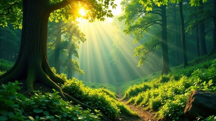 Sunbeams Illuminate a Serene Forest Path, Lush Green Undergrowth, Ancient Trees, Tranquil Nature Scene