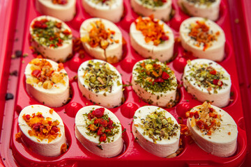 cheese appetizer soft cheese with herbs and tomatoes pieces fresh tasty food dish delicious gourmet food background on the table rustic food top view copy space