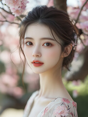 Naklejka premium Charming Woman In Cherry Blossom Setting