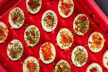 cheese appetizer soft cheese with herbs and tomatoes pieces fresh tasty food dish delicious gourmet food background on the table rustic food top view copy space