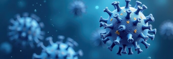 Coronavirus covid-19, sars-cov-2 microscopic view floating on blue background