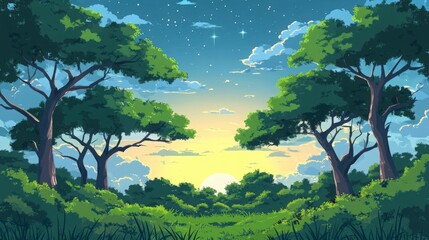 Obraz premium Scenic sunset through trees, tranquil night sky with stars and clouds, Generated AI