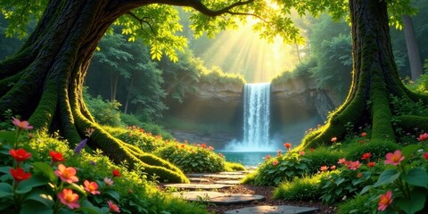 Serene Waterfall Cascading Through Lush Forest, Bathed in Golden Sunlight, with Moss-Covered Tree Roots and Vibrant Flowers Leading to a Tranquil Path