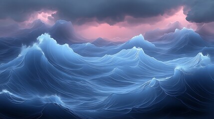 Ocean's Whisper: A digital painting depicting a dramatic seascape under a stormy yet ethereal sky, where luminous waves undulate with an almost otherworldly quality.