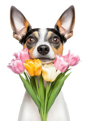 Dog with flowers, playful and joyful expression.