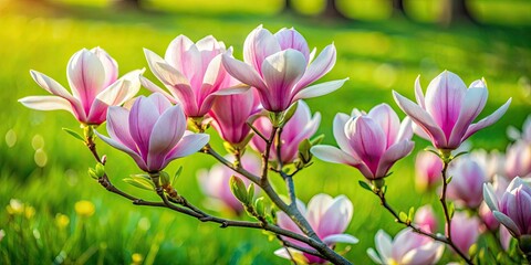 Obraz premium Small Blooming Magnolia Bush in Lush Garden with Green Grass Background, Perfect for Spring and Nature Photography