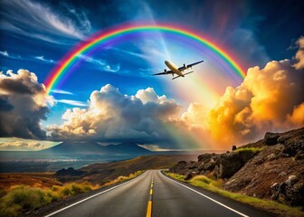 Hawaii Saddle Road Airplane Rainbow Aerial View - Stock Photo