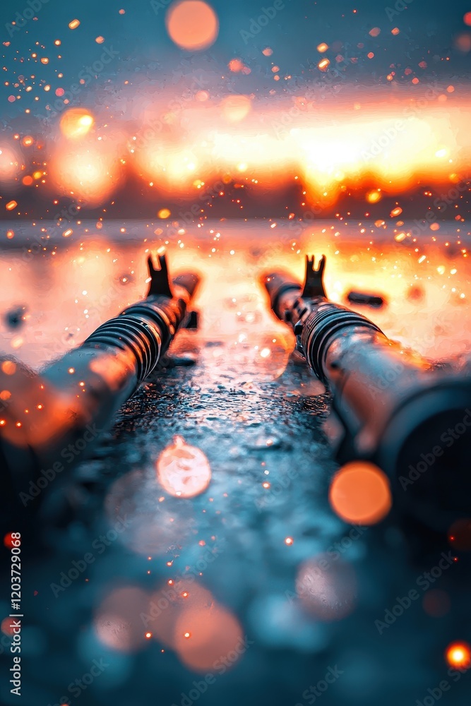 Poster weapons dissolving into streams of glowing light across a serene landscape
