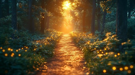 Obraz premium Sunlit path through mystical forest with glowing fireflies.