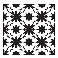 Black and White Geometric Pattern with Interlocking Diamonds and Four-Pointed Stars for Textile Design
