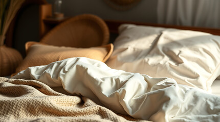 Cozy Bedroom Scene: Soft Sunlight on Cream Bedding, Calming Interior Design