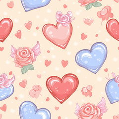 Charming seamless pattern with cartoon hearts and roses - perfect for romantic design