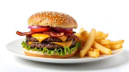Close-up shot of Classic American cheeseburger with fries. High-contrast studio shot on white ceramic plate