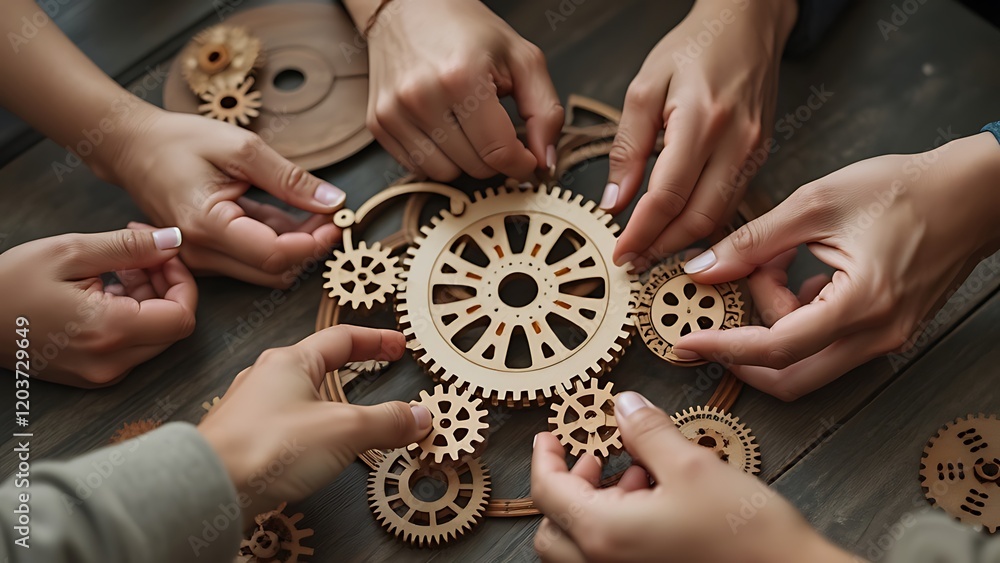 Poster teamwork in action - group of people meticulously assembling gears on a table, epitomizing the colla