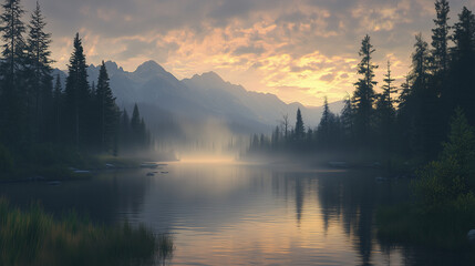 A serene lake at dawn, with mist rising from the water, surrounded by tall pine trees and distant mountains.