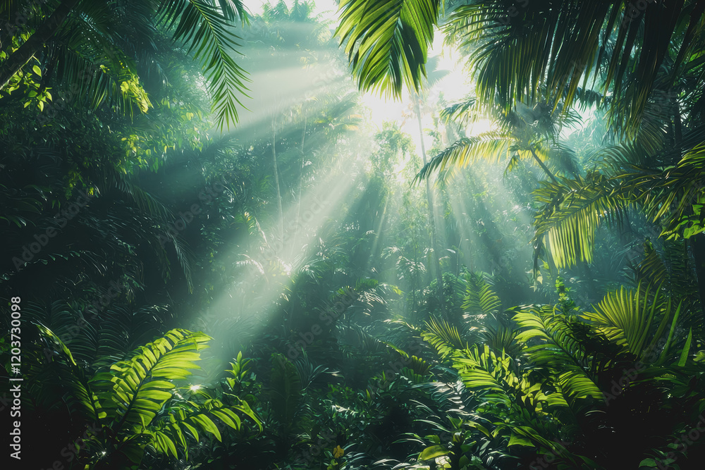 Poster jungle scene with sunlight filtering through lush green trees creating a serene atmosphere in a vibr