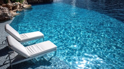 Obraz premium Serene poolside scene with two lounge chairs by crystal-clear water, surrounded by rocky landscape