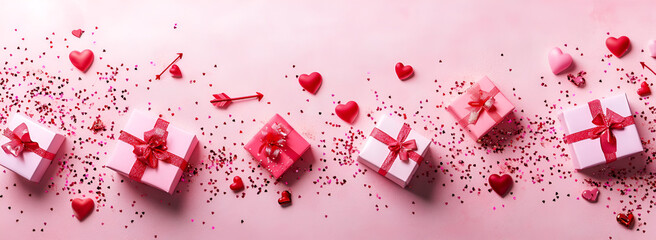 Valentine's Day Celebration Flat Lay with Hearts and Roses,
Love-Themed Flat Lay with Pink Accents for Valentine's Day