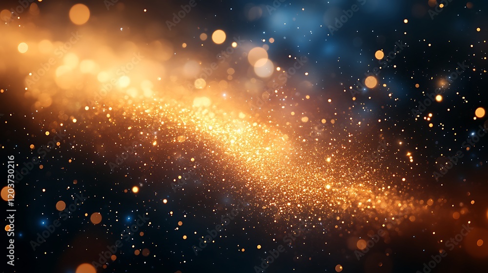 Poster cosmic sparkle: a mesmerizing swirl of golden and blue sparkles dances across a dark backdrop, creat