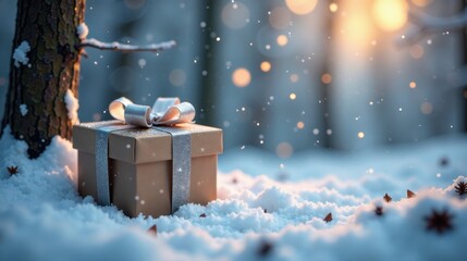 Naklejka premium A Festive Gift Wrapped in Silver, Resting in a Snowy Winter Wonderland Setting