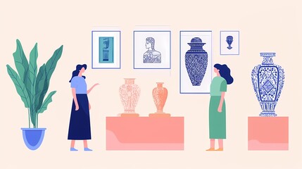 People admire the exhibited works at the art museum.