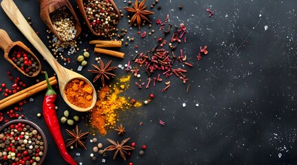 Different Spices on black background