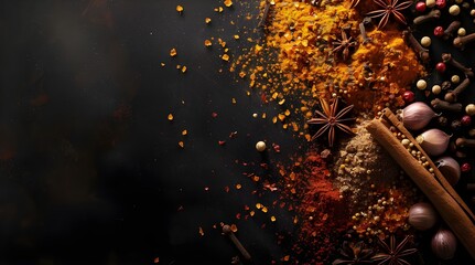 Different Spices on black background