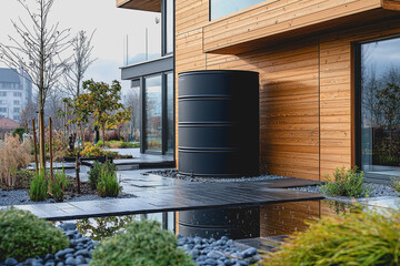 Naklejka premium Large black barrel on a patio surrounded by greenery creating a unique outdoor aesthetic with rustic charm and versatile decorative potential for any garden or backyard space