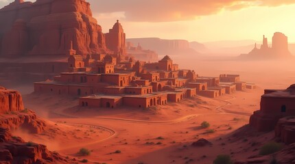 Adobe settlements of the Southwest, blending seamlessly with the red desert landscape,