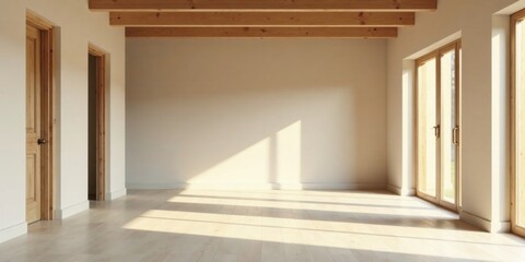 Fototapeta premium Sunlight Streams Through Large Windows in a Modern Empty Room with Light Wood Beams and Doors