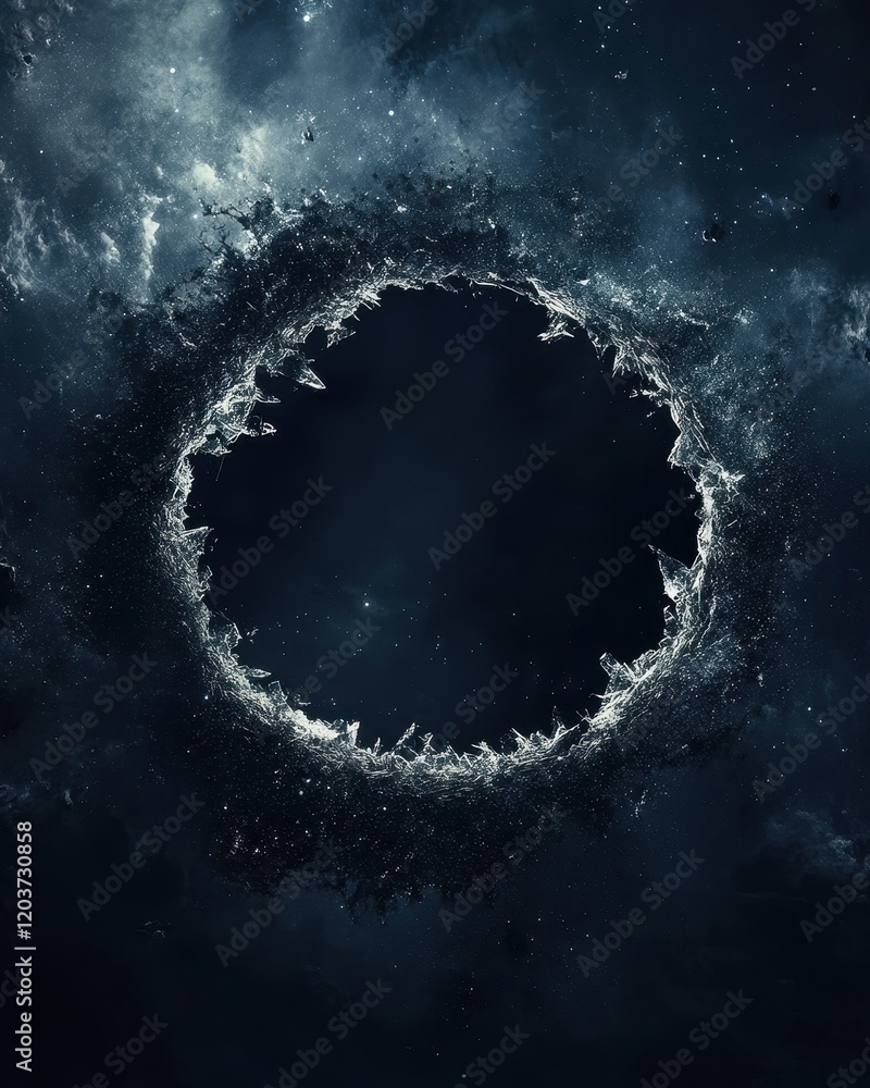 Poster abstract dark circular vortex with shattered edges and celestial background.