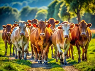 Heifer Cows Walking Away, Rural Farm Scene, Deep Depth of Field