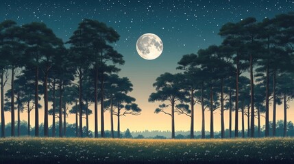 Tranquil moonlit forest landscape, majestic trees under a starry sky. Generated AI